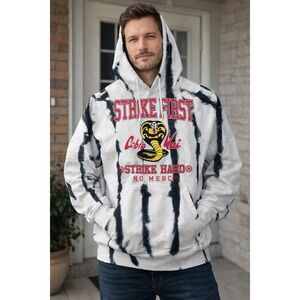 Cobra Kai Hoodie Mens Large White Black Bleach Tie Dye Pullover Graphic Bioworld